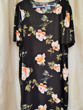 Alexandra + Oak Black Midi Dress with Peach Floral Print
